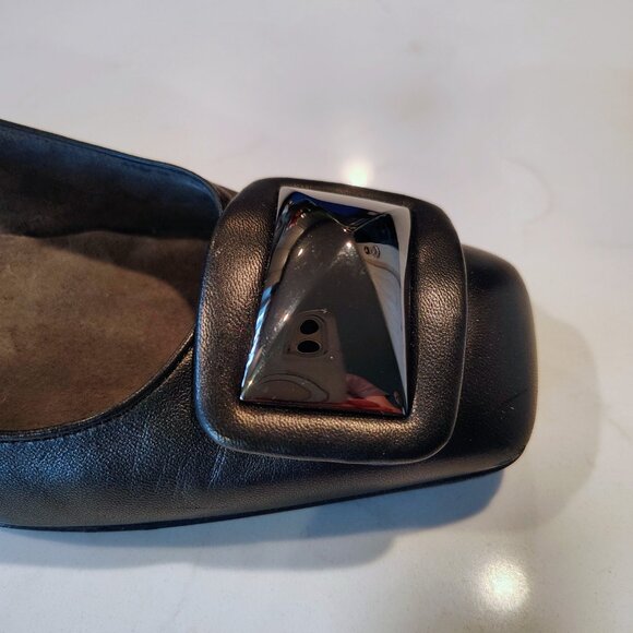 Stuart Weitzman Black Square Toe Pumps - Large Decorative Buckle - Picture 5 of 9